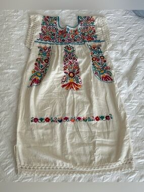Cream Hand Embroidered Mexican-Style Dress with Multi-Color Floral, for Girls.